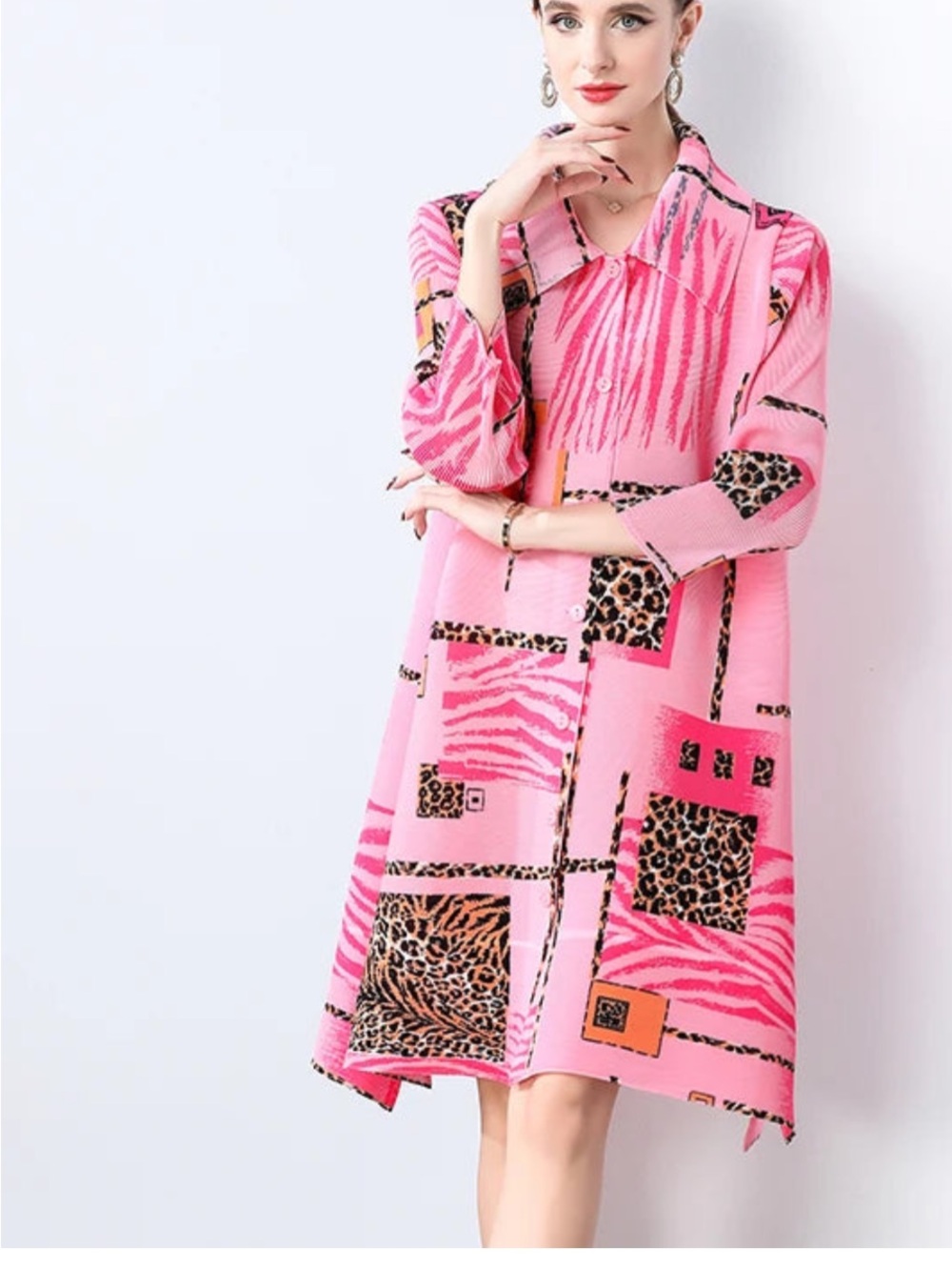 Pink Patchwork Animal-Print Midi Shirt Dress